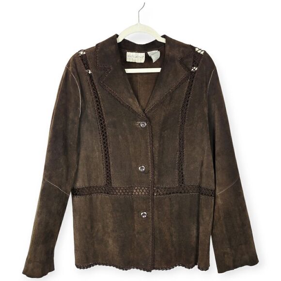 Vintage 70s Style White Stag Brown Boho Leather Crochet Blazer Jacket - Picture 1 of 6